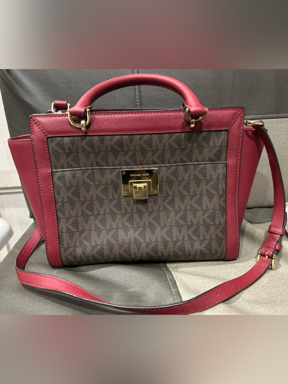 Michael Kors Burgundy Leather Tote with Gold Hardware
